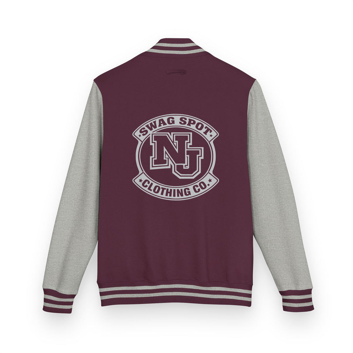 Back of SSC NJ Collegiate Varsity Jacket in burgundy with light grey NJ Swag Spot Clothing Co. graphic