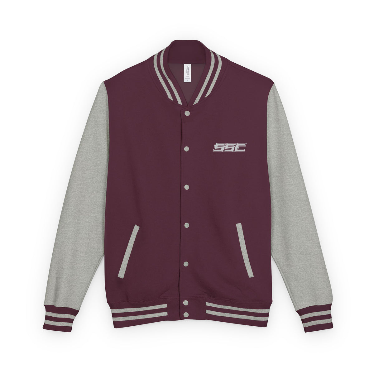 Front of SSC NJ Collegiate Varsity Jacket in burgundy with grey sleeves and light grey SSC chest logo