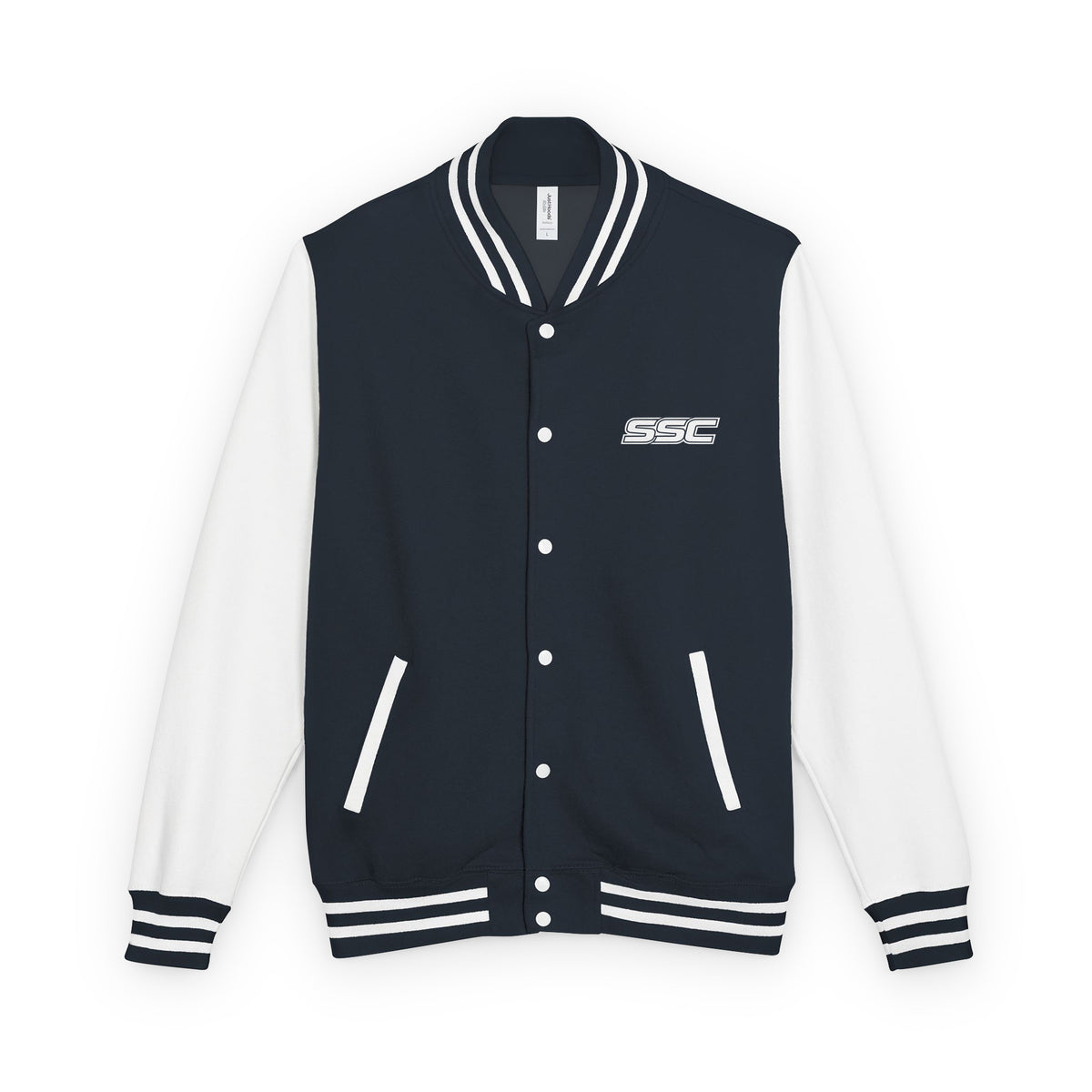Front of SSC NJ Collegiate Varsity Jacket in navy with white sleeves and white SSC chest logo