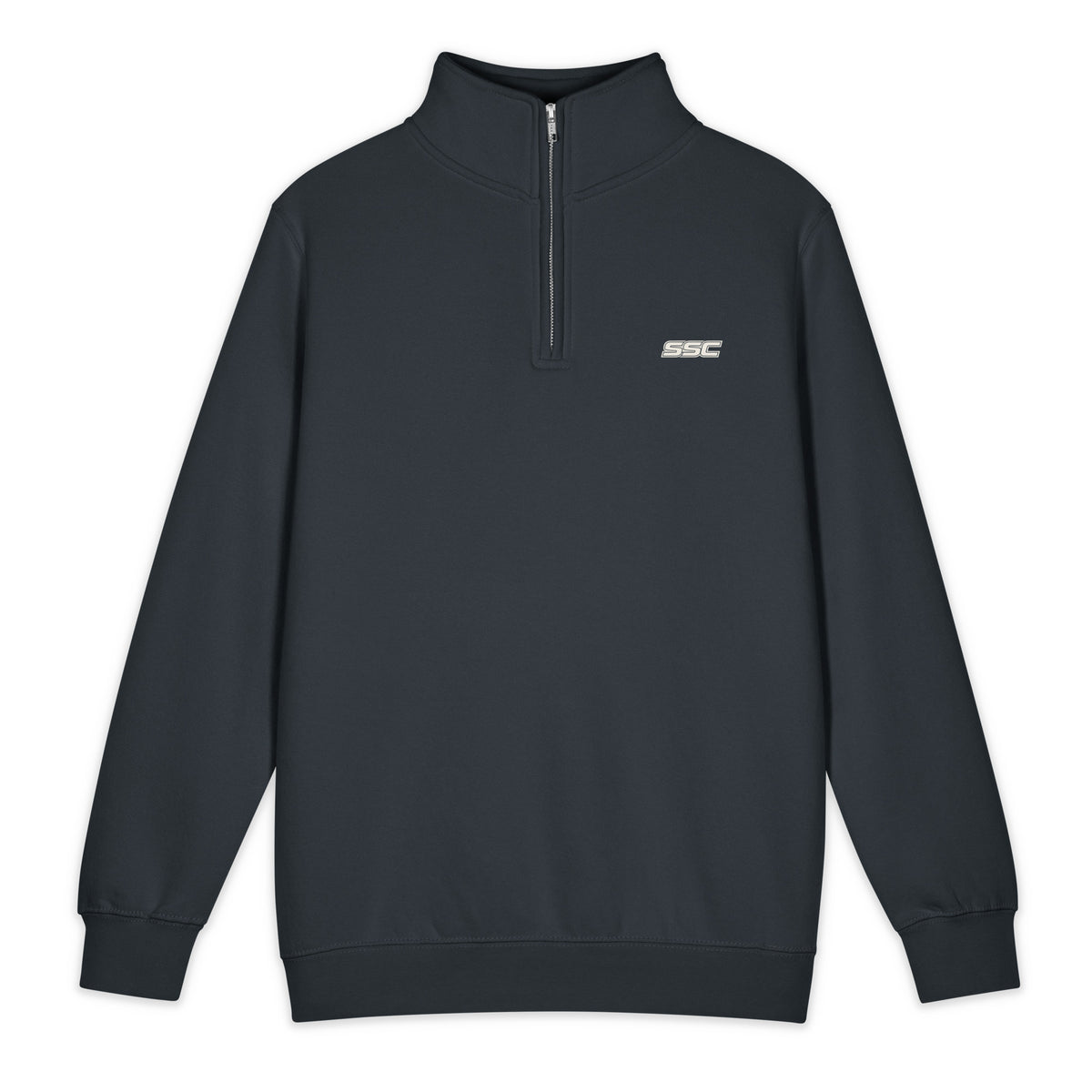 Front view of SSC Navy / Bone Quarter-Zip Sweatshirt with a small bone SSC left-chest logo