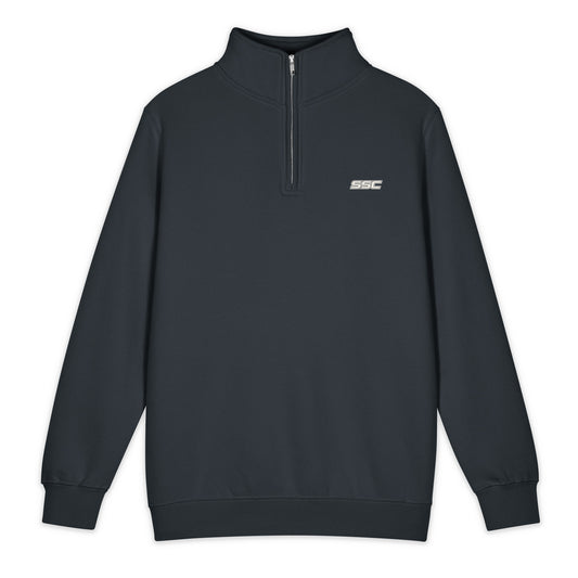 Front view of SSC Navy / Bone Quarter-Zip Sweatshirt with a small bone SSC left-chest logo