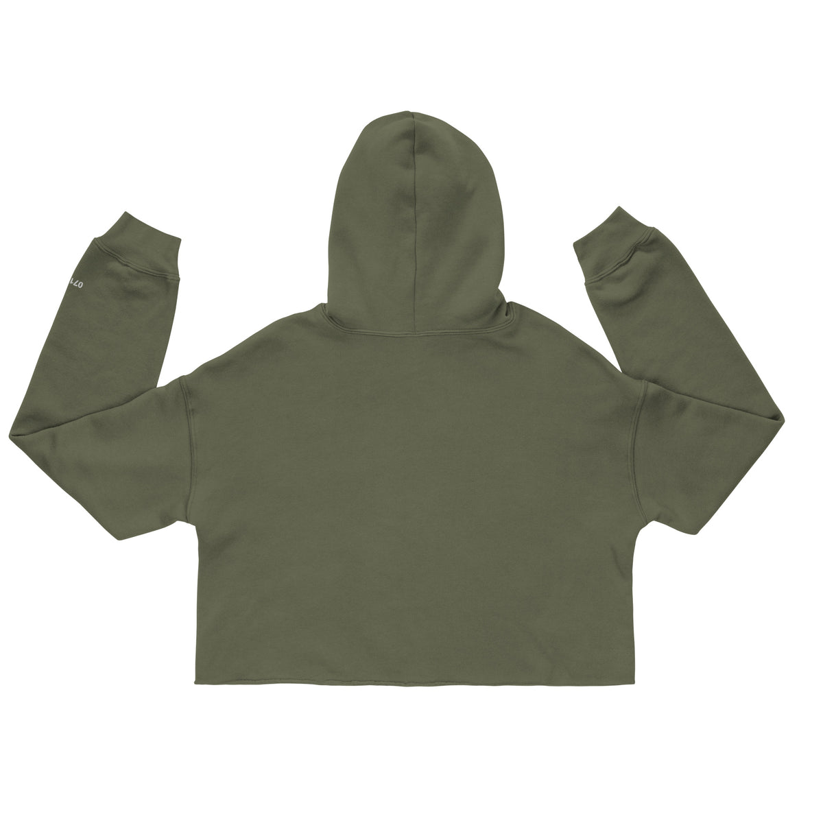 Back view of SSC Military Green Cropped Hoodie with a clean back and raw cropped hem