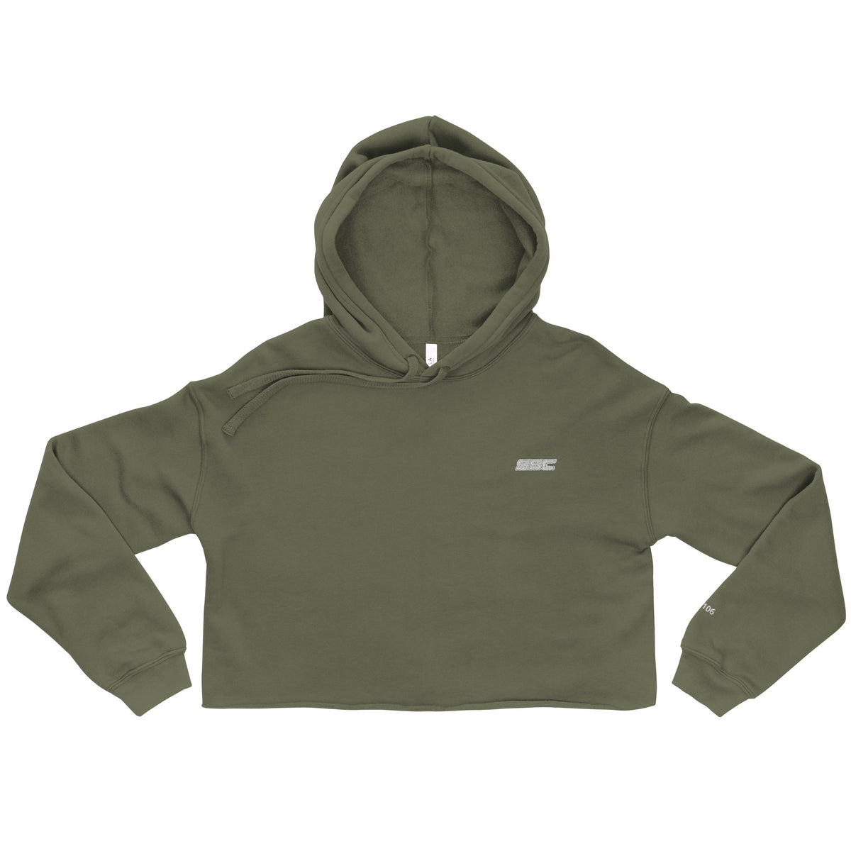 Front view of SSC Military Green Cropped Hoodie with small white SSC left-chest embroidery
