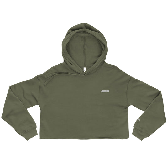 Front view of SSC Military Green Cropped Hoodie with small white SSC left-chest embroidery